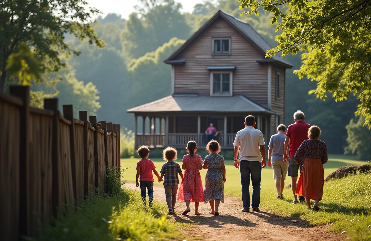 Family visiting ancestral homestead on heritage tour
